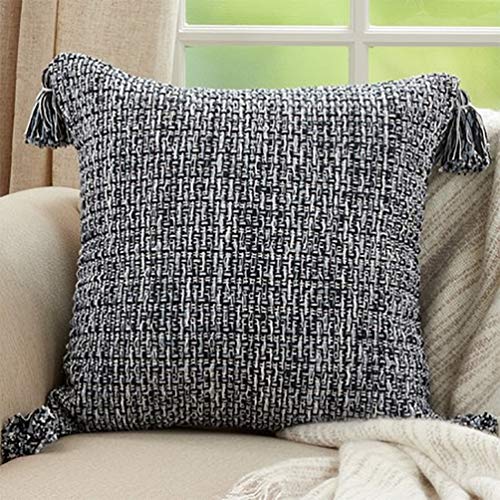 Fennco Styles Woven Textured Tassel Cotton Decorative Throw Pillow Cover 22" W x 22" L - Navy Blue Cushion Case for Home, Couch, Bedroom, Living Room and Office Décor