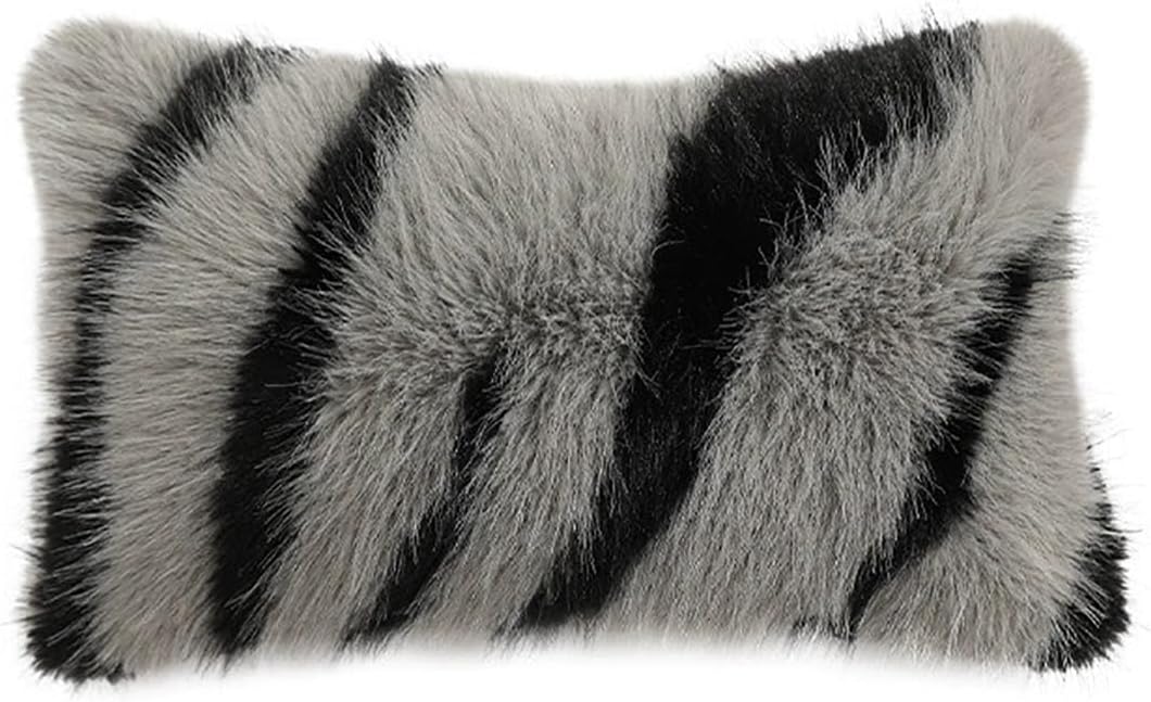 Zebra Stripe Faux Fur Animal Design Decorative Throw Pillow Cover 18" W x 18" L – Grey Plush Cushion Case for Couch, Bedroom, Living Room and Office Décor