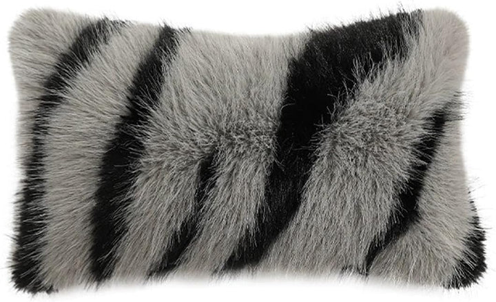Fennco Styles Zebra Stripe Faux Fur Animal Design Decorative Throw Pillow Cover 18" W x 18" L – Grey Plush Cushion Case for Couch, Bedroom, Living Room and Office Décor