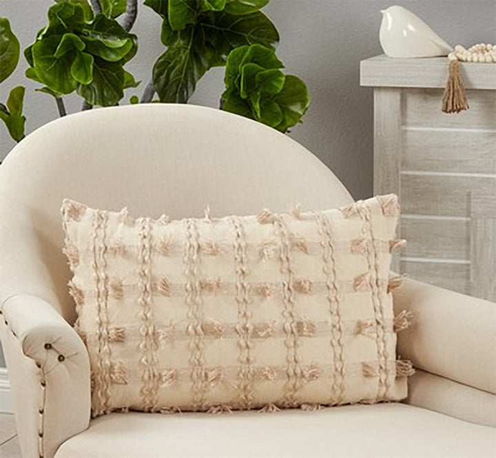 Boho Fringe Striped Decorative Throw Pillow 16" W x 24" L - Natural Cushion for Home, Couch, Living Room, Bedroom, Office Décor