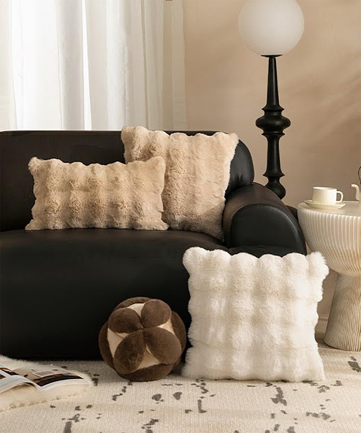 Luxury Faux Fur Decorative Filled Throw Pillow 18" W x 18" L – Ivory Plush Fluffy Cushion for Couch, Bedroom, Living Room and Office Décor