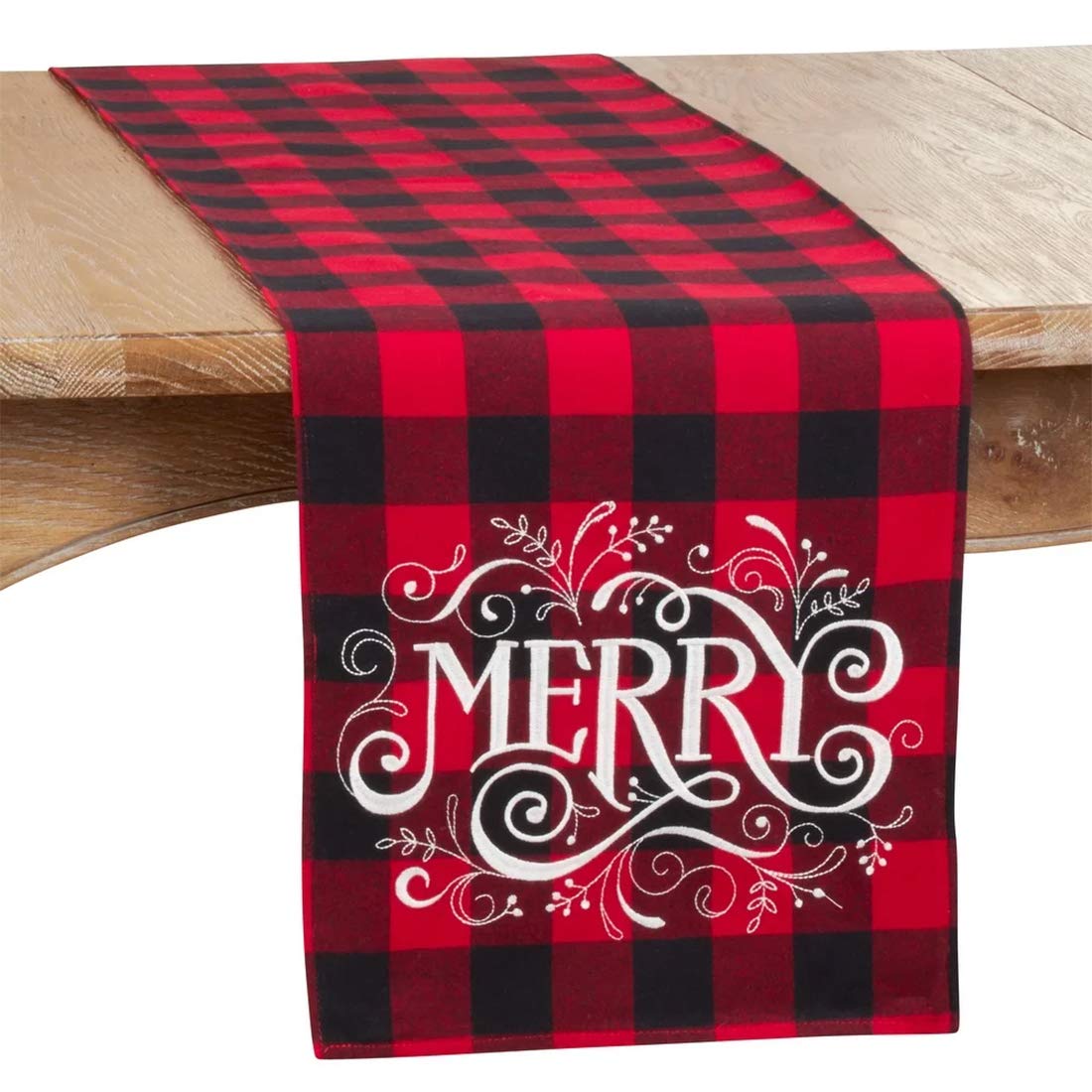 Holiday Buffalo Plaid Cotton Blend Merry Design Table Runner 14 x 72 Inch — decorative tabletop piece for home entertaining