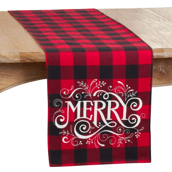 Holiday Buffalo Plaid Cotton Blend Merry Design Table Runner 14 x 72 Inch — decorative tabletop piece for home entertaining