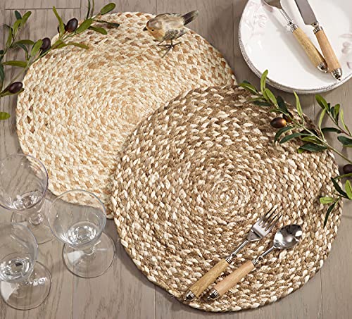 Fennco Styles 100% Jute Woven Design Farmhouse Placemats 16 Inch Round, Set of 4 - Natural Braided Table Mats for Home, Dining Room, Banquets, Family Gathering and Special Occasion
