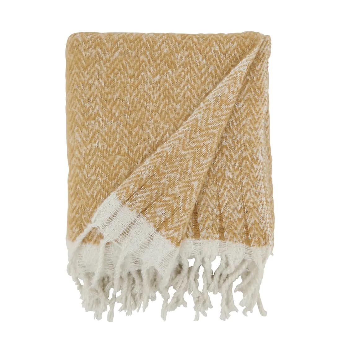 Faux Mohair Herringbone Throw Blanket 50" W x 60" L – Natural Cozy Fringe Blanket for Home, Couch, Bedroom, Living Room, Office, and Holiday Décor