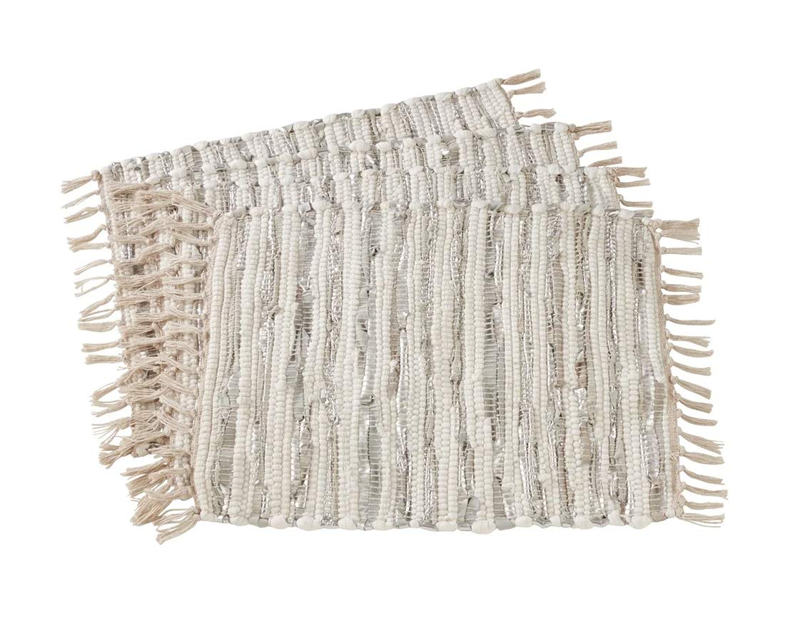 Fennco Styles Foil Striped Cotton Leather Woven Chindi Tassel Table Runner 16 x 72 Inch - Gold Metallic Table Cover for Home, Dining Room Décor, Banquets, Family Gathering and Special Occasion