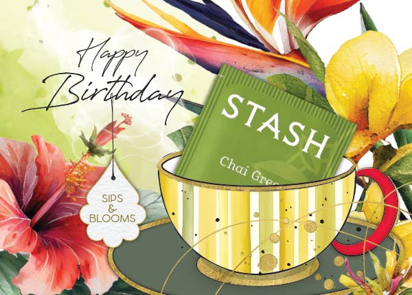 TEA GREETING Card with REAL TEA BAG - Birthday Sips Blooms 1