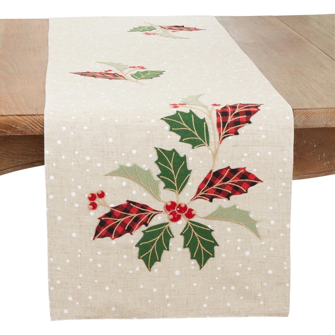 Buffalo Plaid Holly Leaves Table Runner 16" W x 70" L — table setting accent for dining and special occasions