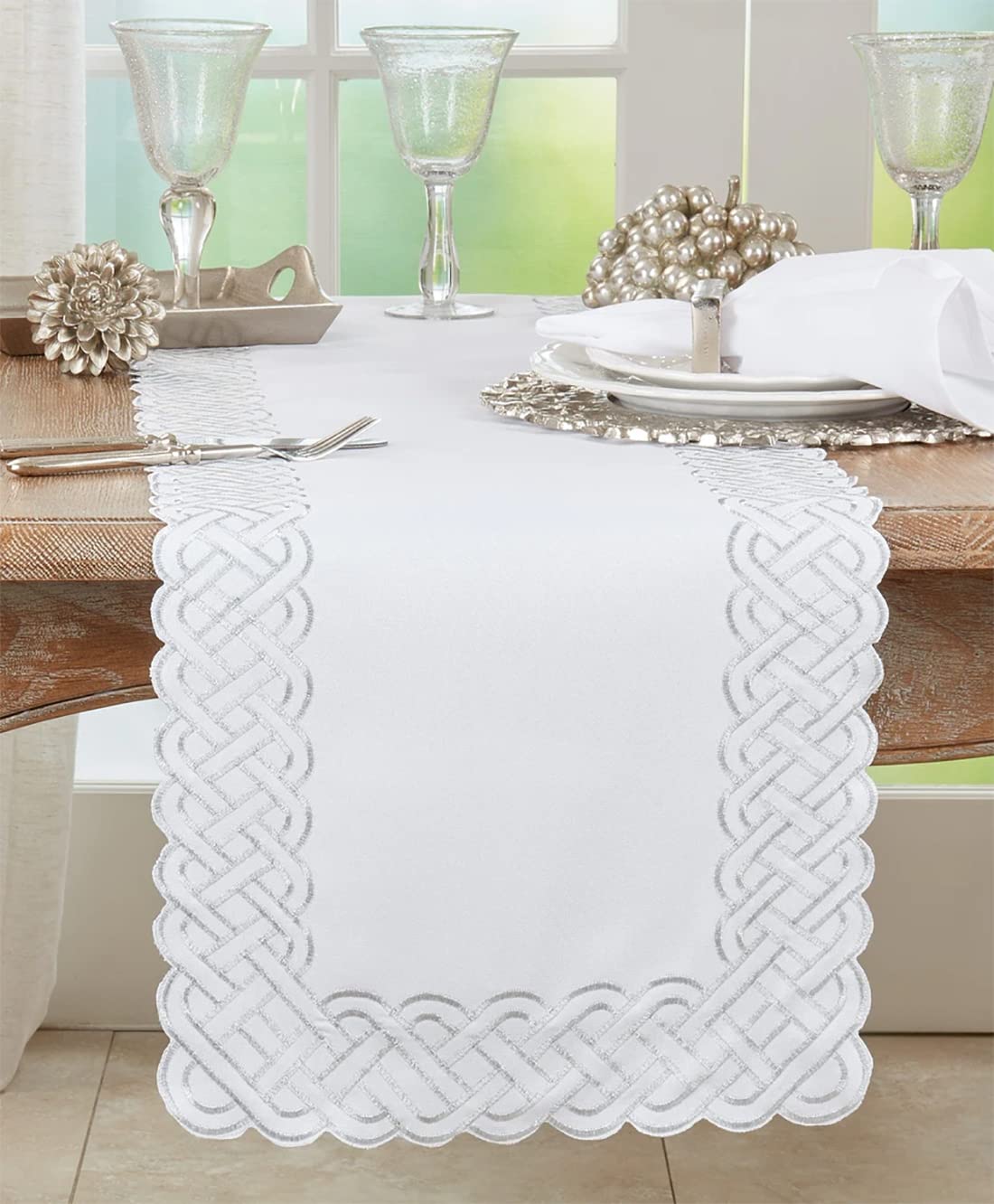 Fennco Styles Braid Emroidered Metallic Border Table Runner 16" W x 54" L - Silver Table Cover for Home Décor, Everyday Use, Christmas, Banquets and Special Events