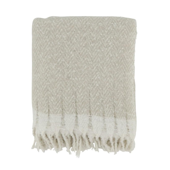 Faux Mohair Herringbone Throw Blanket 50" W x 60" L – Natural Cozy Fringe Blanket for Home, Couch, Bedroom, Living Room, Office, and Holiday Décor