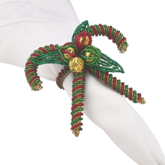 Fennco Styles Hand Beaded Candy Cane Christmas Napkin Rings, Set of 4 - Red & Green Glass Beads Napkin Holders for Home, Dining Room, Banquet, Family Gathering, Holiday Décor and Special Occasion