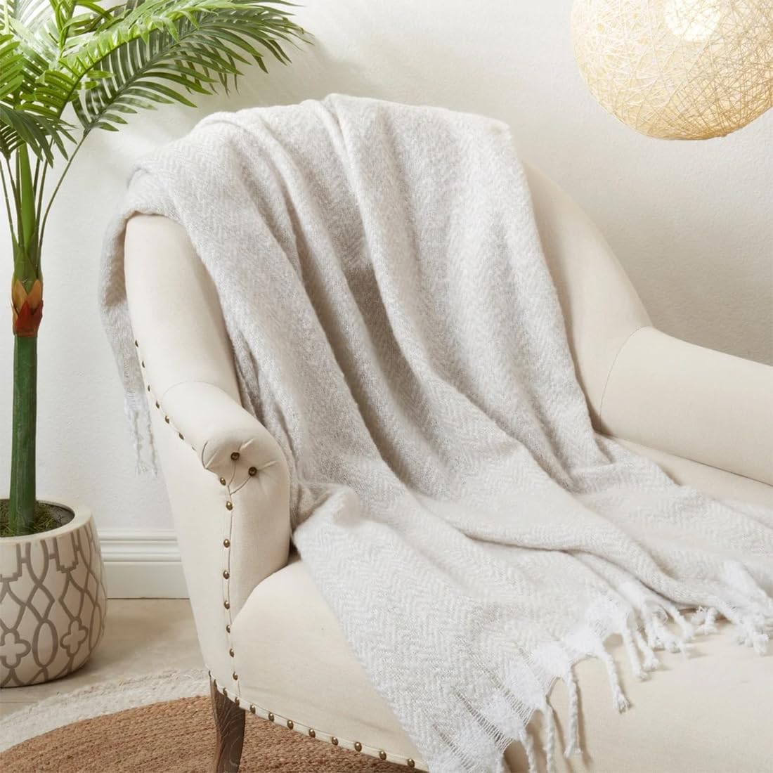 Faux Mohair Herringbone Throw Blanket 50" W x 60" L – Natural Cozy Fringe Blanket for Home, Couch, Bedroom, Living Room, Office, and Holiday Décor