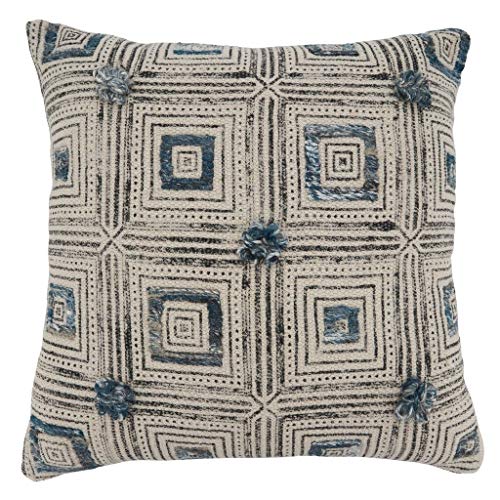 Fennco Styles Embroidered Block Print Cotton Decorative Throw Pillow 20" W x 20" L - Blue Cushion for Christmas, Holiday, Home, Couch, Living Room and Office Décor