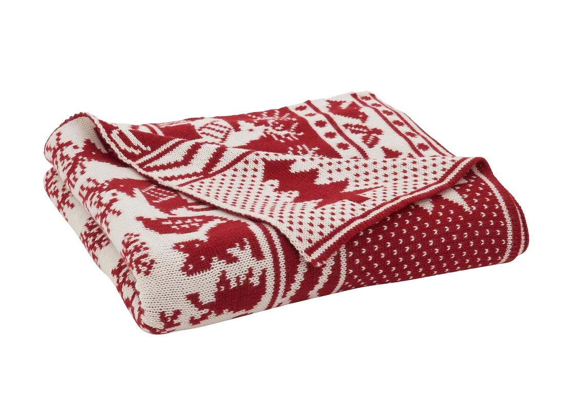 Fennco Styles Reversible Christmas Design Knitted Throw Blanket 50" W x 60" L – Red Blanket for Bed, Couch, Sofa, Home Décor, Ideas