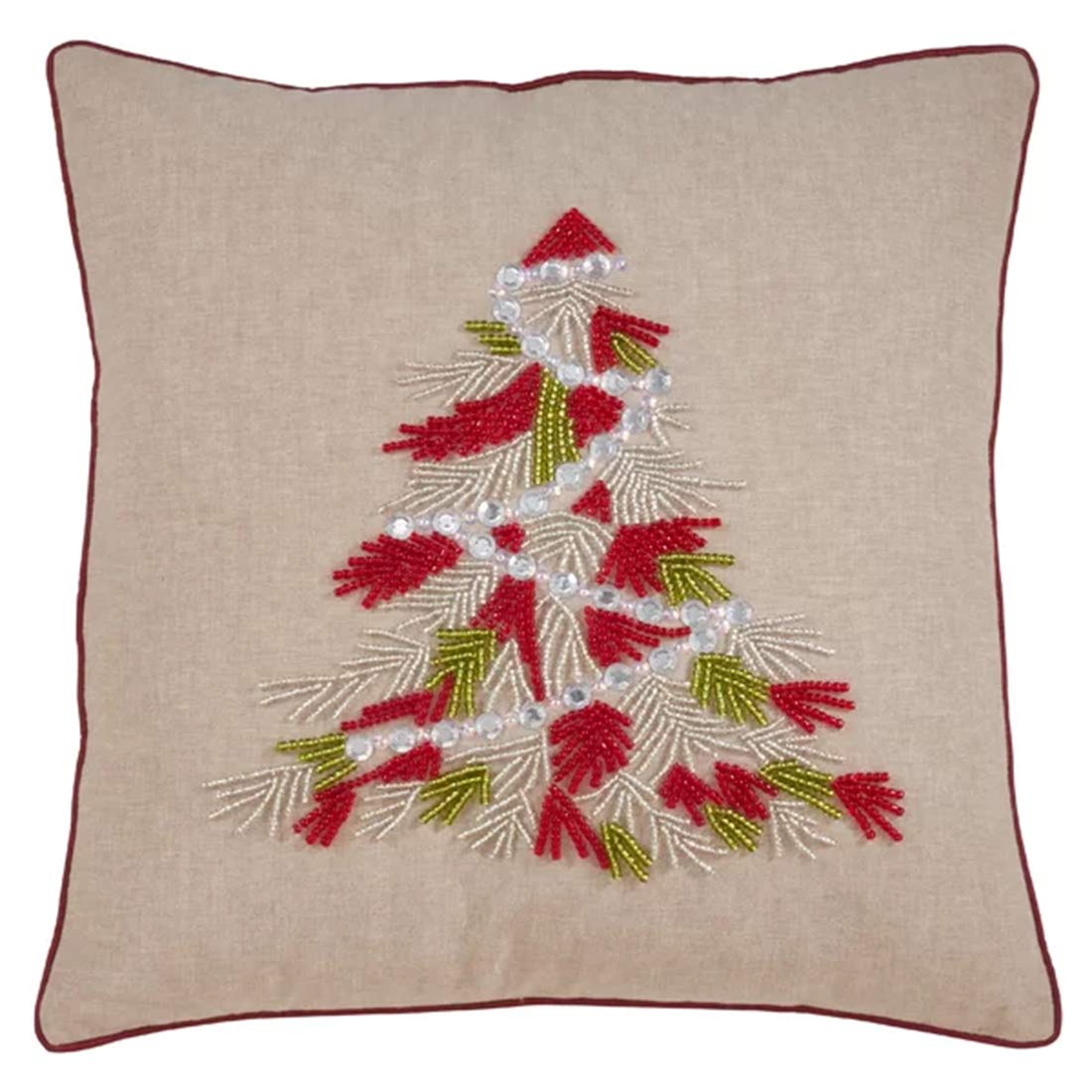 Fennco Styles Beaded Christmas Tree 100% Cotton Decorative Throw Pillow Cover 18 x 18 Inch - Beads Pillow Case for Holiday Décor, Couch, Living Room and Bedroom Décor