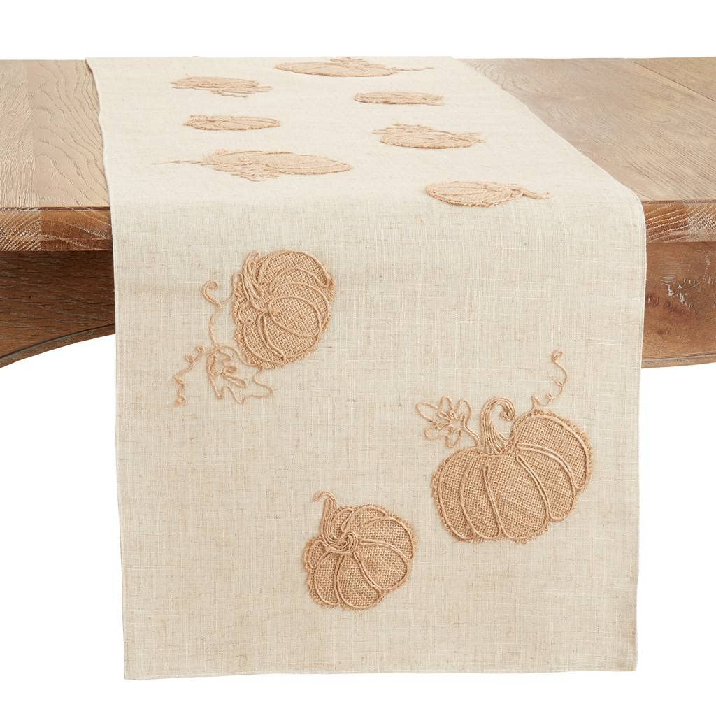 Harvest Pumpkins Linen Blend Table Runner 16" W X 70" L - Natural Holiday Table Cover for Home Décor, Thanksgiving, Banquets, Family Gatherings and Special Occasions