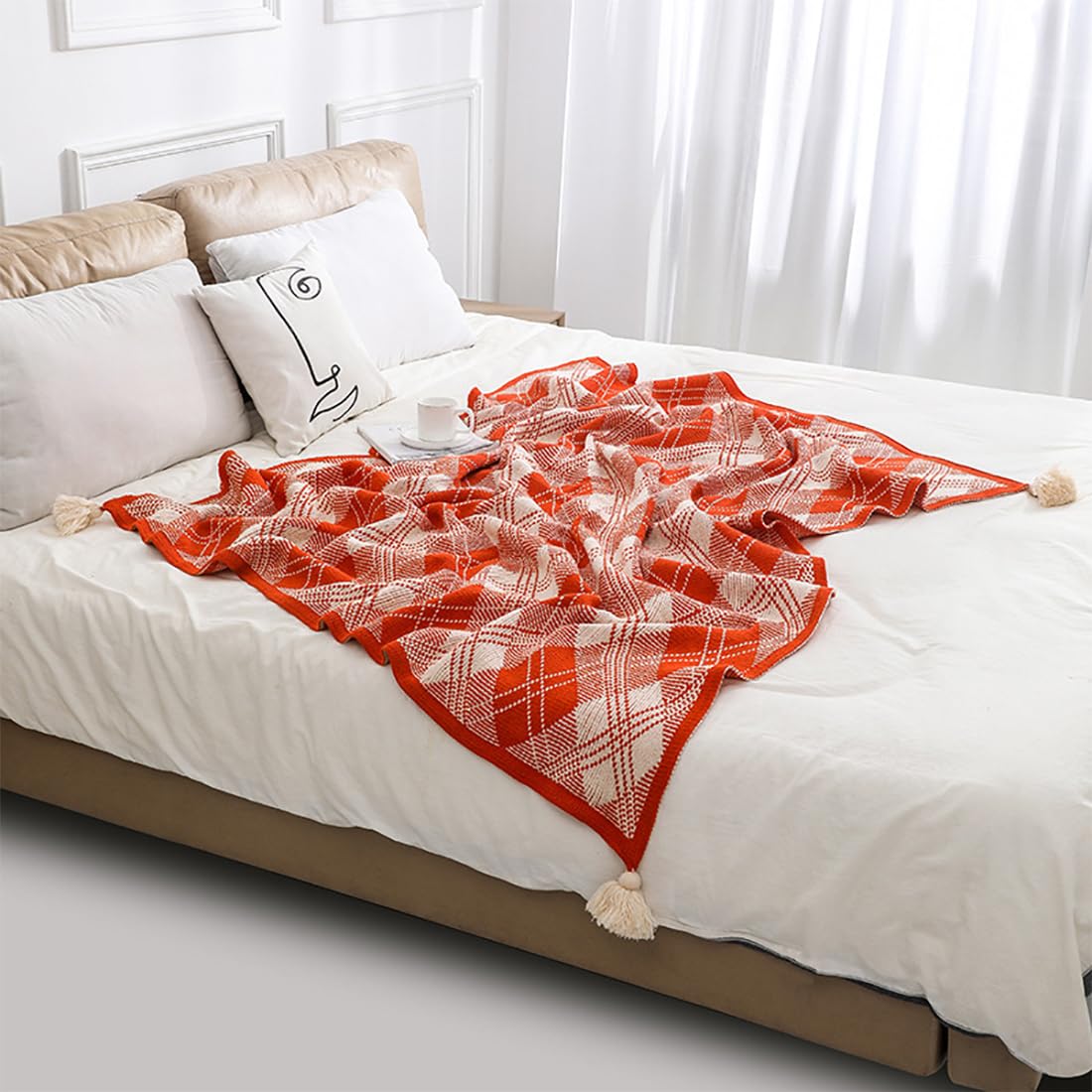 Fennco Styles Fall Plaid Knit Throw Blanket with Tassel 50" W x 60" L – Orange Geometric Pattern Lightweight Blanket for Indoor Outdoor, Couch, Bedroom, Living Room and Office Décor