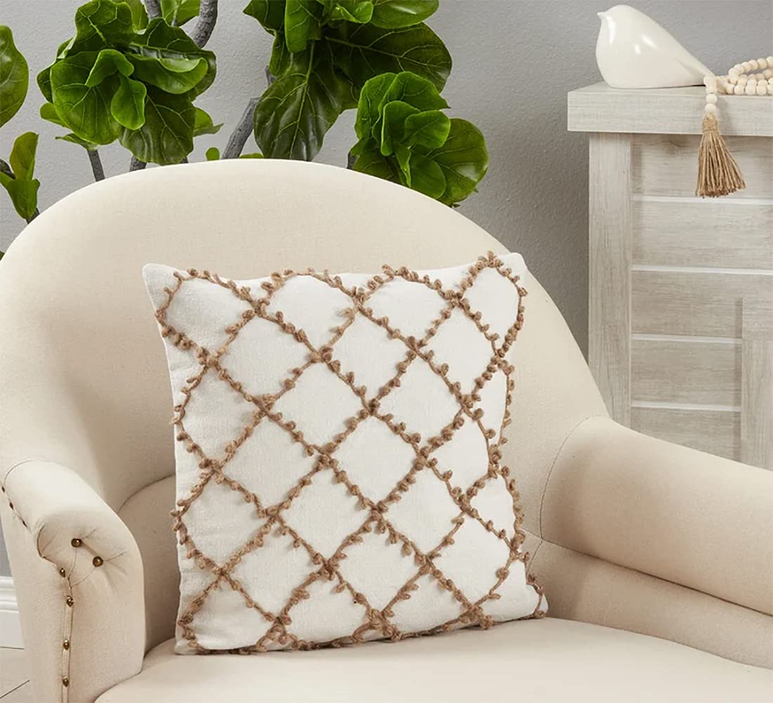 Fennco Styles Dori Embroidered Diamond Cotton Decorative Throw Pillow 18" W x 18" L - Grey Textured Accent Cushion for Home, Couch, Living Room and Office Décor
