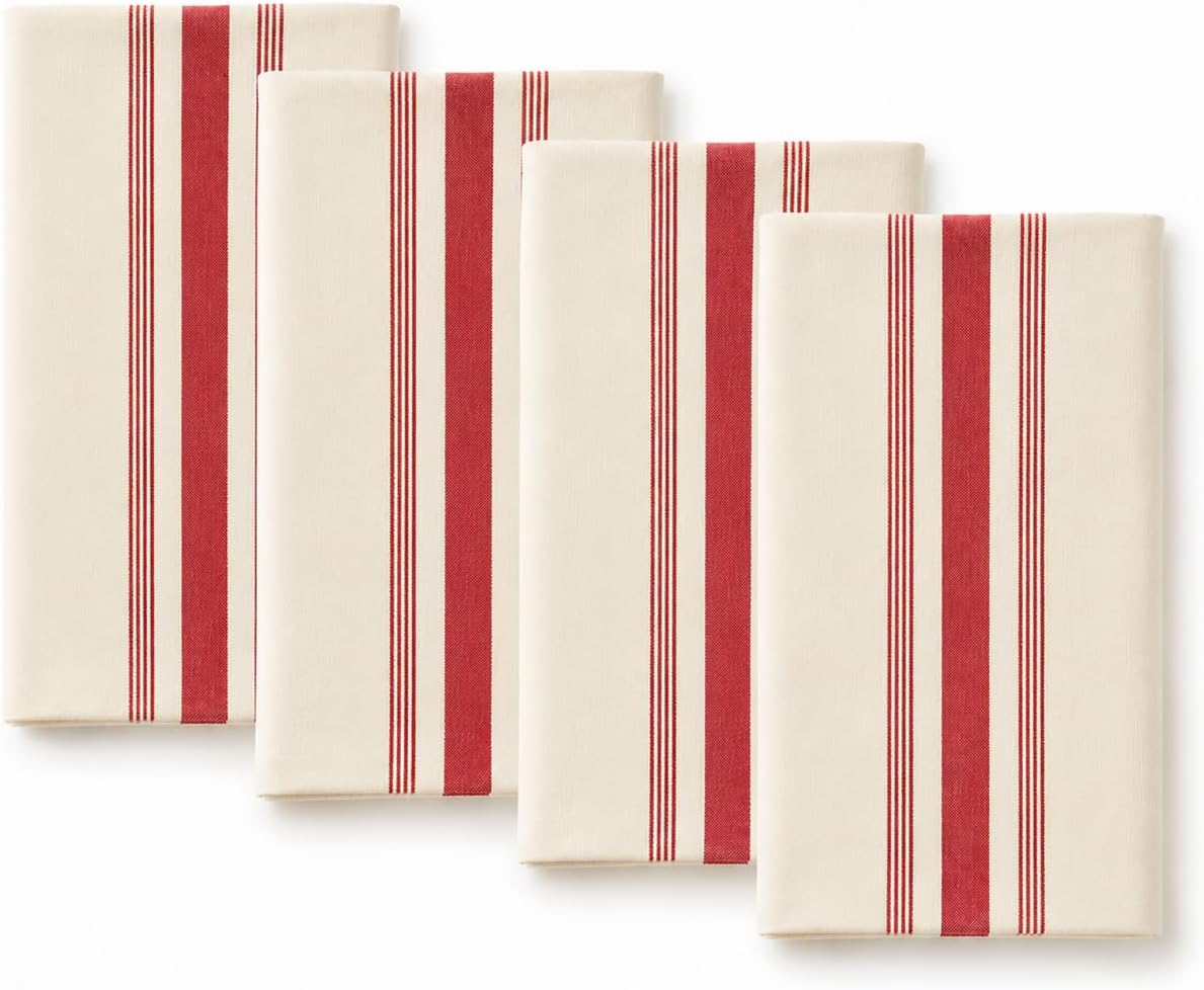 Beige Cotton Cloth Napkins with Red Striped Design 20" X 20", Set of 4 — dining table decor for home entertaining