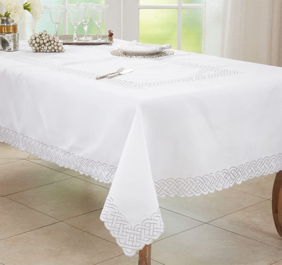 Fennco Styles Braid Emroidered Metallic Border Table Runner 16" W x 54" L - Silver Table Cover for Home Décor, Everyday Use, Christmas, Banquets and Special Events