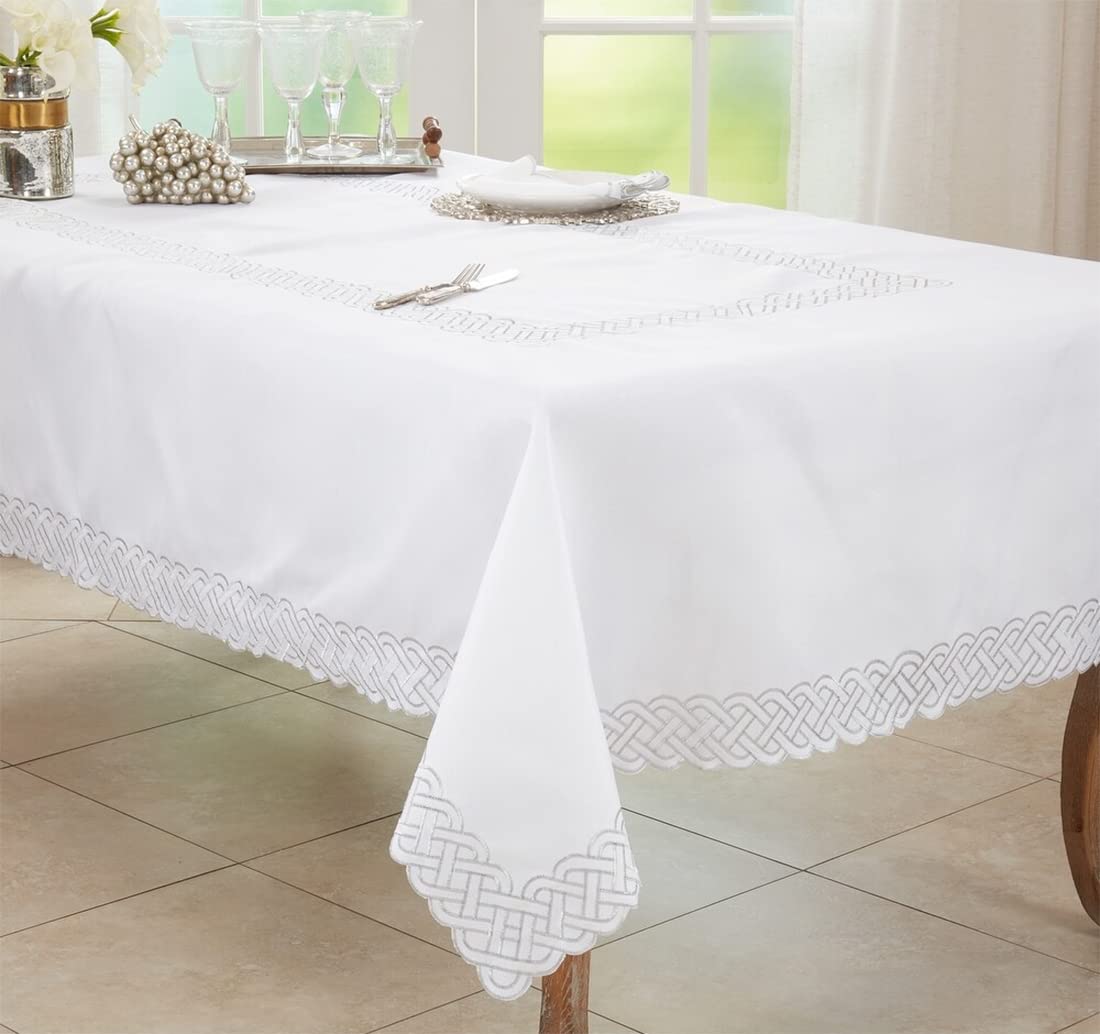 Fennco Styles Braid Emroidered Metallic Border Table Runner 16" W x 54" L - Silver Table Cover for Home Décor, Everyday Use, Christmas, Banquets and Special Events