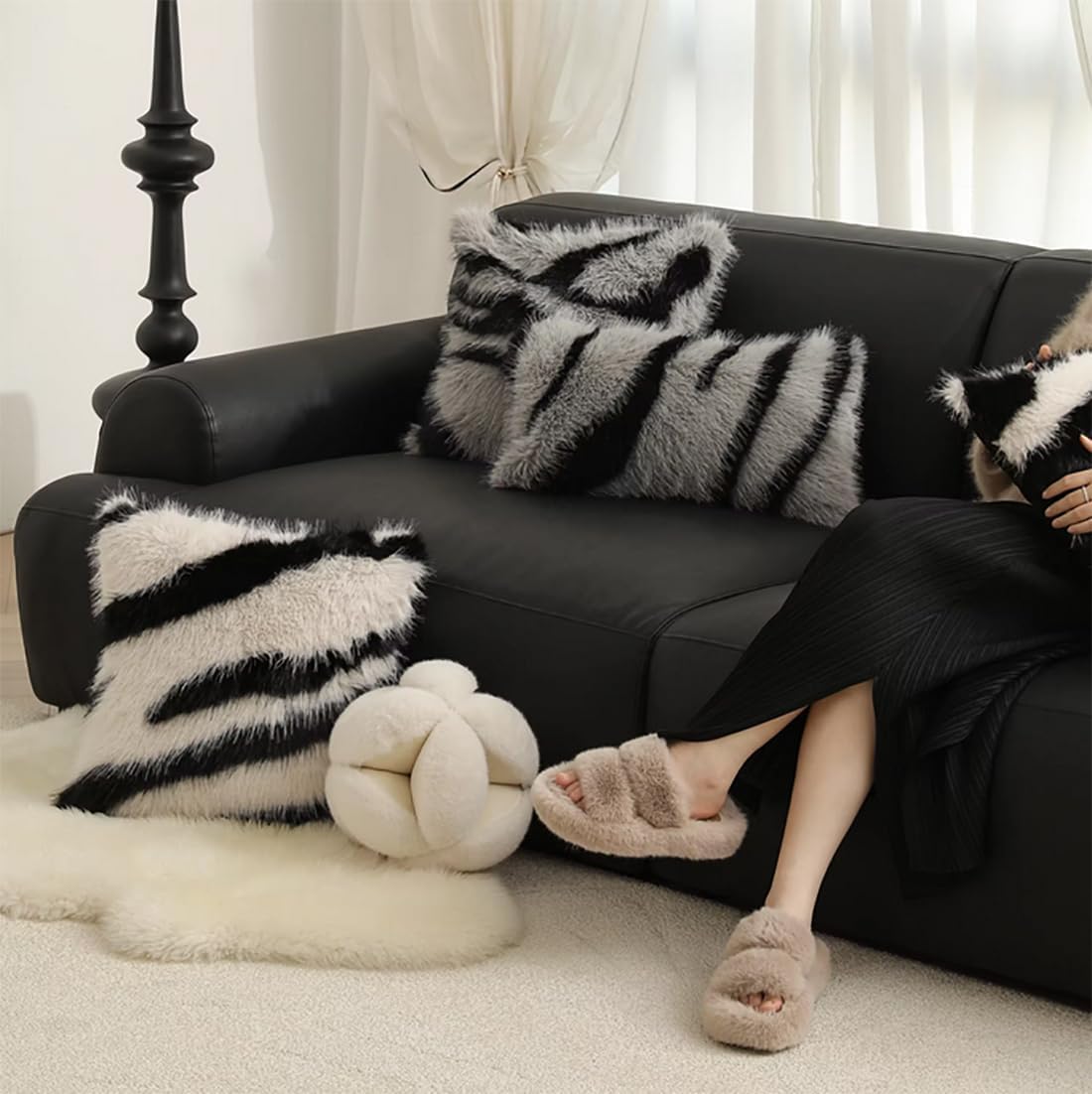 Zebra Stripe Faux Fur Animal Design Decorative Throw Pillow Cover 18" W x 18" L – Grey Plush Cushion Case for Couch, Bedroom, Living Room and Office Décor
