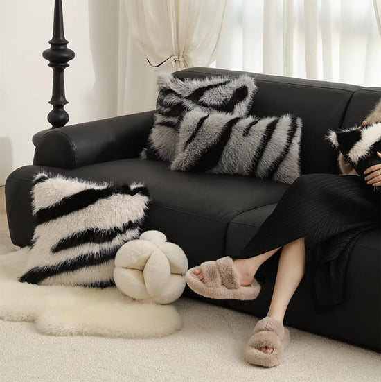 Zebra Stripe Faux Fur Animal Design Decorative Throw Pillow Cover 18" W x 18" L – Grey Plush Cushion Case for Couch, Bedroom, Living Room and Office Décor