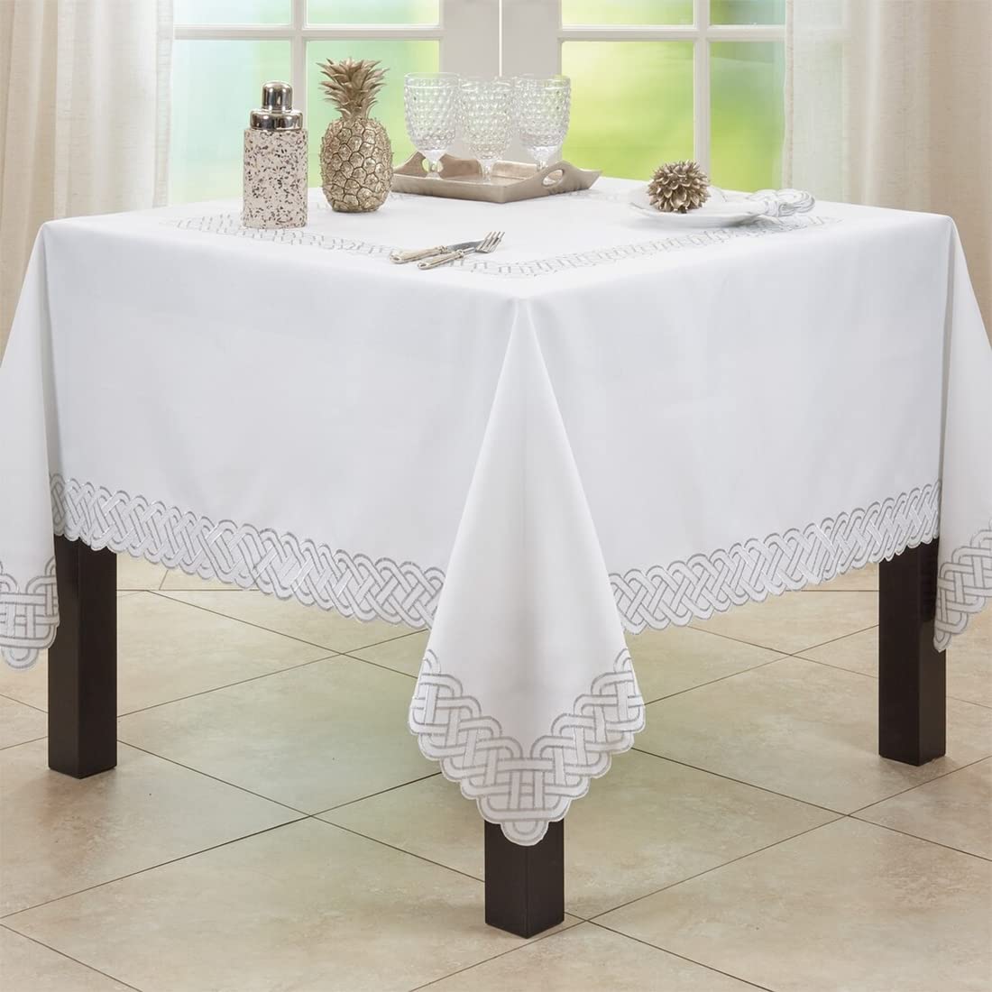 Fennco Styles Braid Emroidered Metallic Border Table Runner 16" W x 54" L - Silver Table Cover for Home Décor, Everyday Use, Christmas, Banquets and Special Events