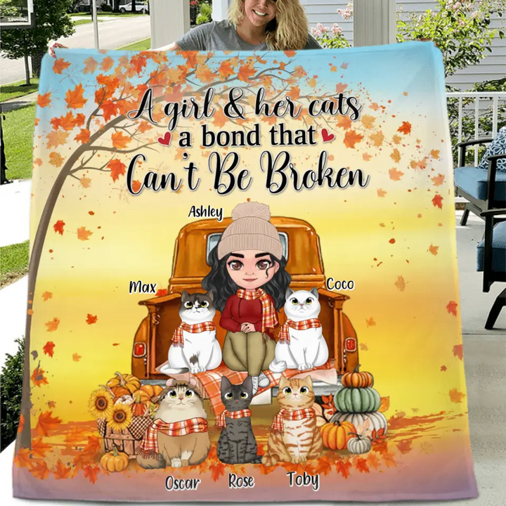 Personalized Cat Mom Fall Season Quilt/Fleece Throw Blanket - Gift Idea For Cat Lovers - Up To 5 Cats - A Girl & Her Cats A Bond That Can't Be Broken