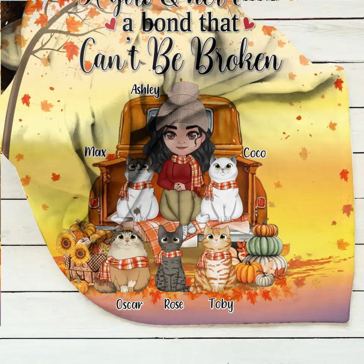 Personalized Cat Mom Fall Season Quilt/Fleece Throw Blanket - Gift Idea For Cat Lovers - Up To 5 Cats - A Girl & Her Cats A Bond That Can't Be Broken