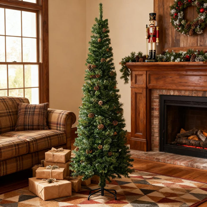Slim Pine Needles Xmas Tree - 7.5 Foot Pencil Christmas Tree, artificial Christmas tree for festive holiday home decor from Cedar & Spice Gifts
