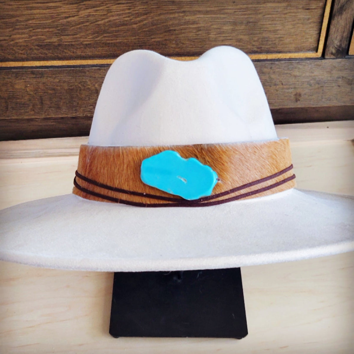 **Wide Leather Hair Hide Tan Hat Band Only w/ Turq 954a