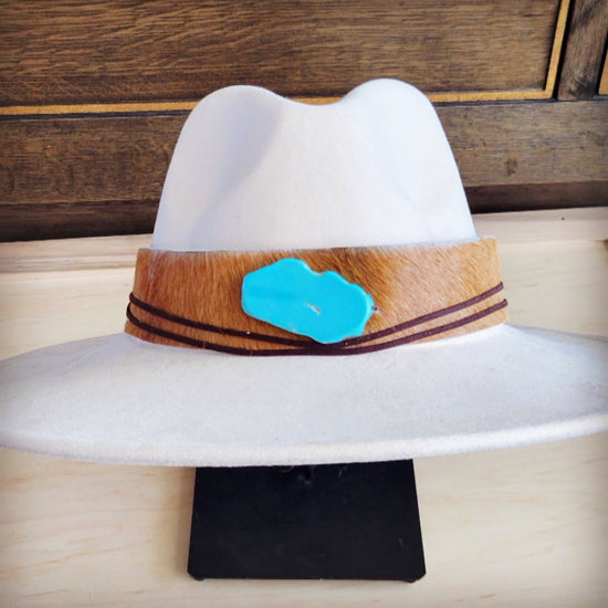 **Wide Leather Hair Hide Tan Hat Band Only w/ Turq 954a