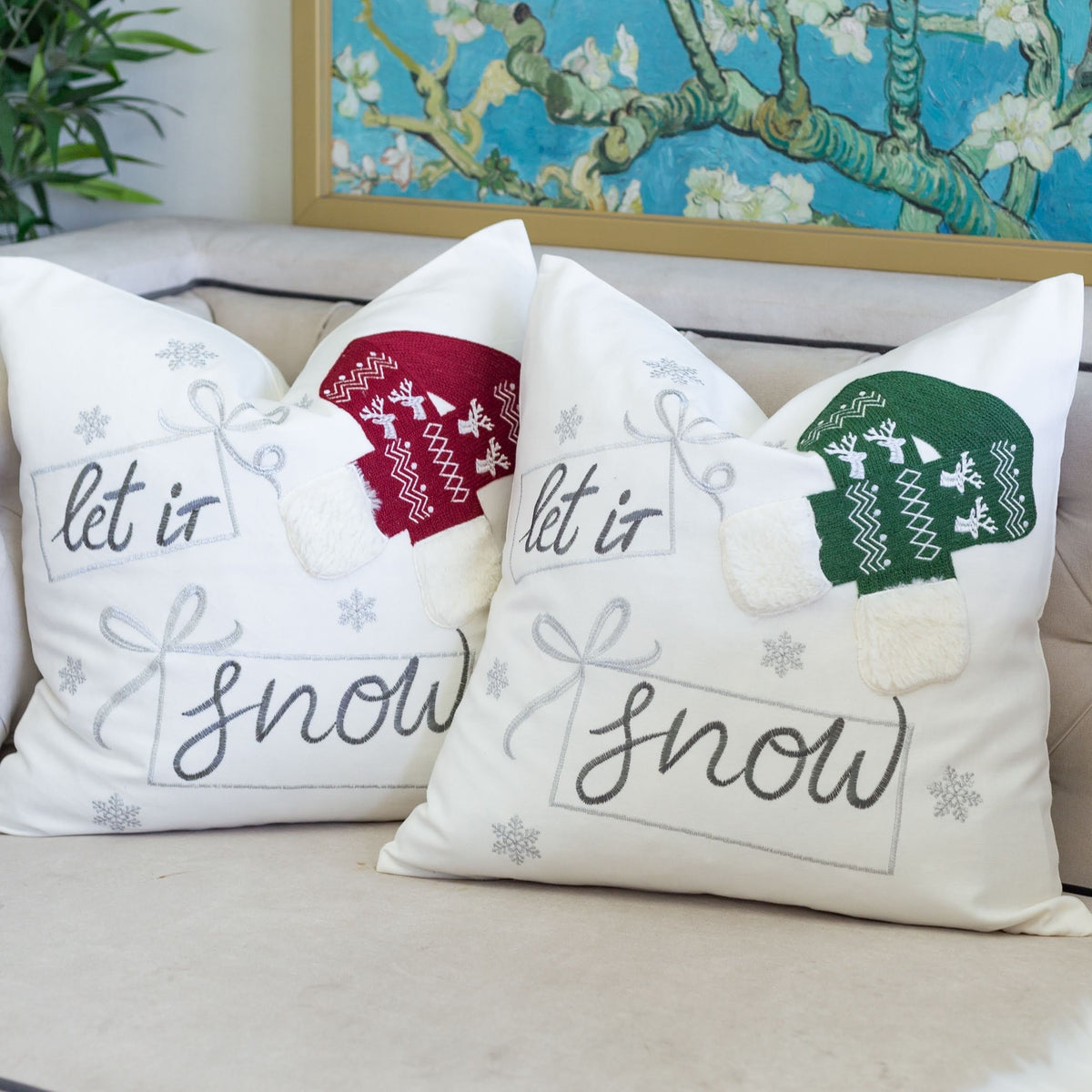 Let It Snow Christmas Throw Pillow 20x20 Cotton Cushion