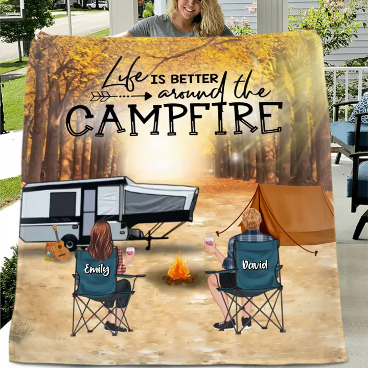Personalized Autumn Camping Quilt/Fleece Throw Blanket - Couple/Parents With Up to 3 Kids And 4 Pets - Gift For Camping Lovers - Life Is Better Around The Campfire