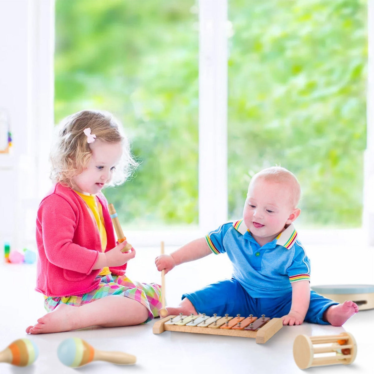 8Pcs Toddler Musical Toys Wooden Montessori Musical Instruments with Xylophone Tambourine Maracas for Boys Girls Aged 3 4 5 Years Old