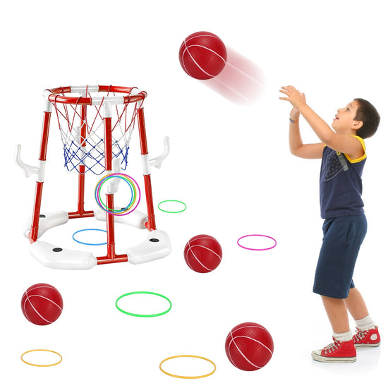 Summer Pool Basketball Hoop Toy Set With 4 Basketballs 4 Circles Pump Floating Swimming Pool Basketball Games Poolside Water Play Toy For 3-12Years Ol