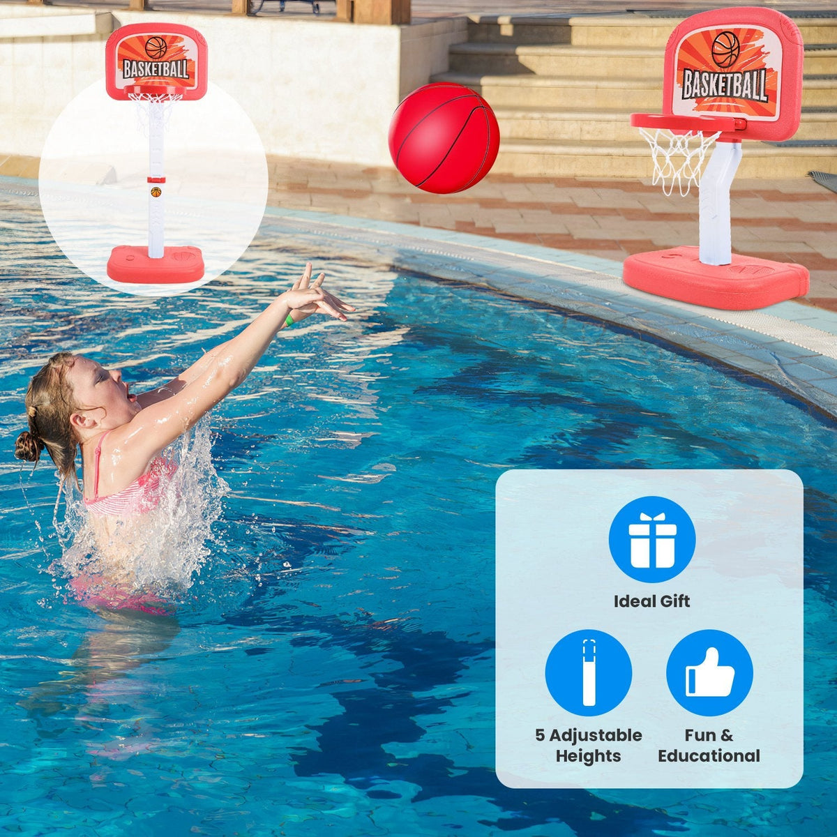 2 In 1 Poolside Basketball Game Set Pool Basketball Goal Indoor Outdoor Kids Basketball Court Water Basketball Toy with 2 Balls Gift for Boys Girls Ag
