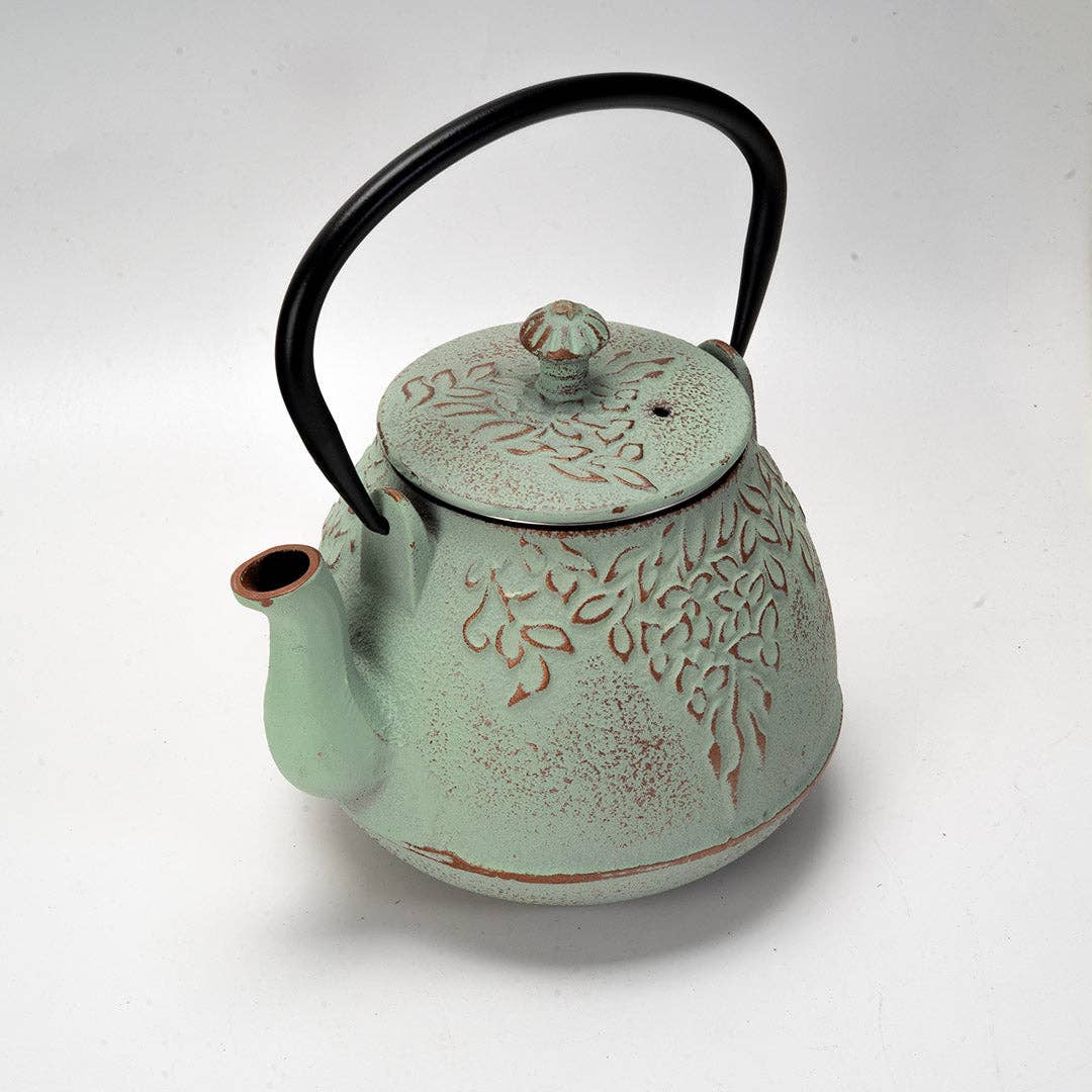 Mint Green Leaves Design 32oz Cast Iron Tea Pot (1/8)
