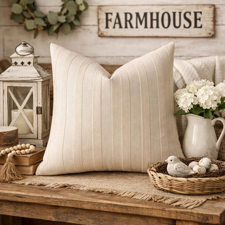 Fennco Styles Light Beige Textured Striped Throw Pillow Cover 18" X 18" - Modern Accent Pillow Case for Couch, Home and Neutral Farmhouse Décor, 2-Pack