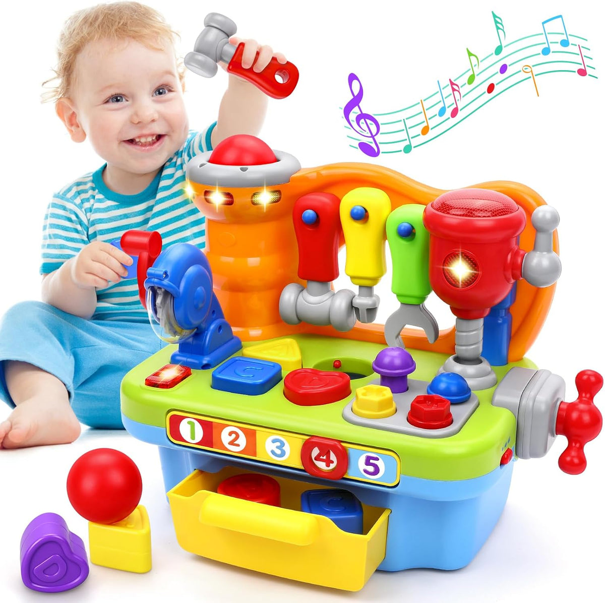 Toys for 1 Year Old Boy, Musical Toddler Tool Bench, Montessori Educational Toys with Sound Lights Effect, Shape Sorter, One Year Old Boy Birthday Gift, Engineer Pretend Play Workbench