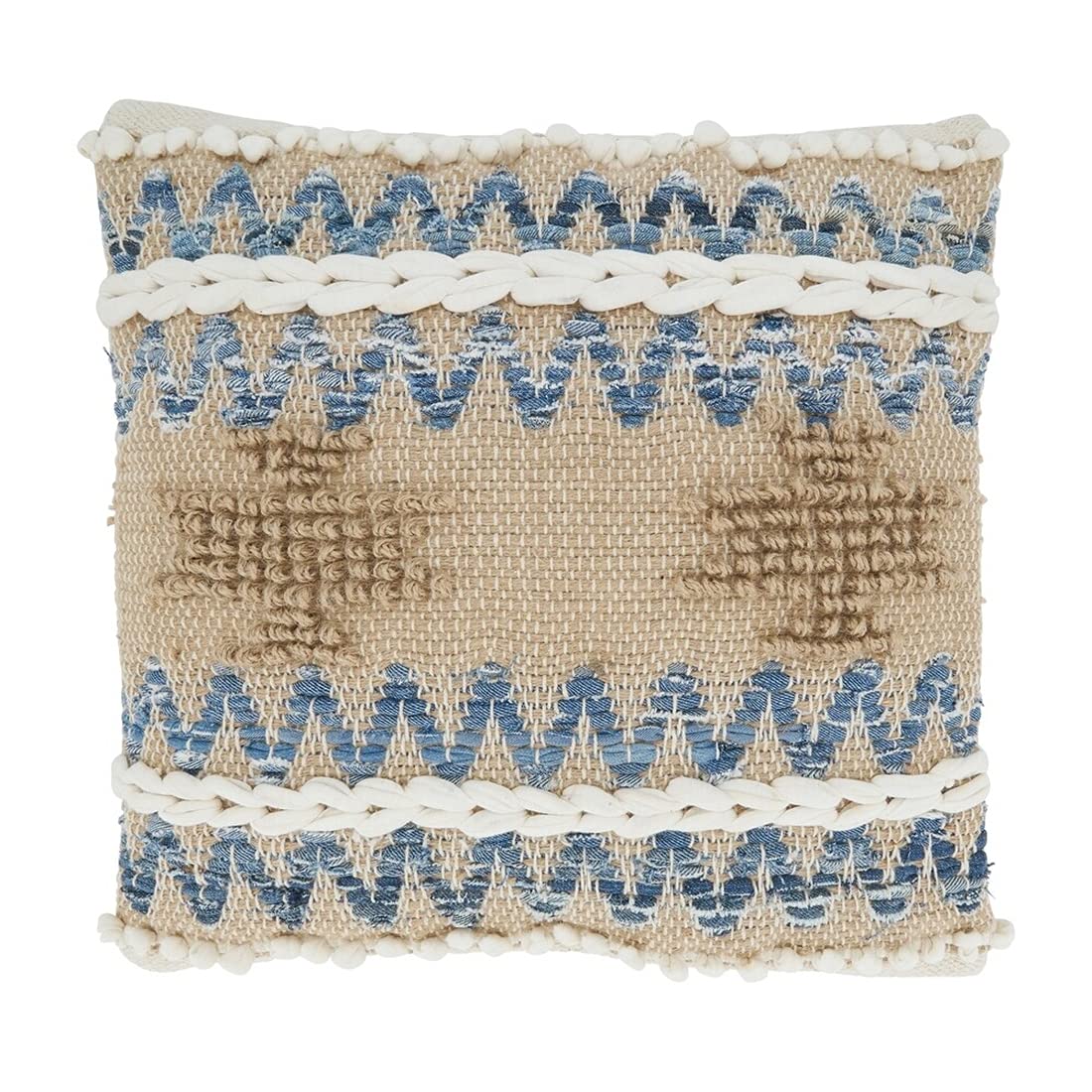 Multi Texture Chindi Cotton Jute Decorative Throw Pillow 18" W x 18" L - Natural Square Cushion for Home, Couch, Living Room, Bedroom, Office and Holiday Décor
