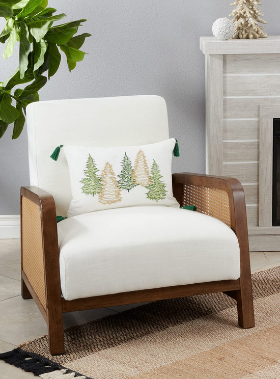 Fennco Styles Embroidered Christmas Trees Cotton Throw Pillow 12" W x 18" L - Green Woven Cushion for Winter Holiday Décor, Couch, Living Room, Bedroom Décor and Special Occasion