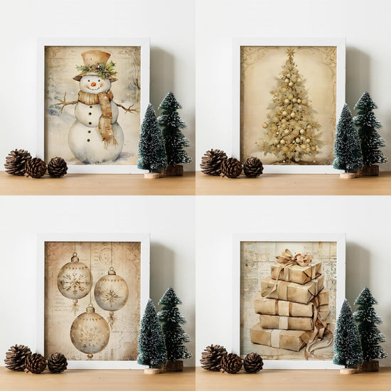 JXREQ Vintage Christmas Wall Art Prints 8x10 Snowman Tree Set of 4 Unframed