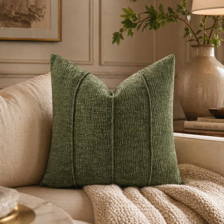 Fennco Styles Beige Chenille Lumbar Throw Pillow with Insert 12" X 20", Textured Corded Ribbed Decorative Filled Accent Pillow for Couch, Bed, Home and Cottage Décor, 1-Pack