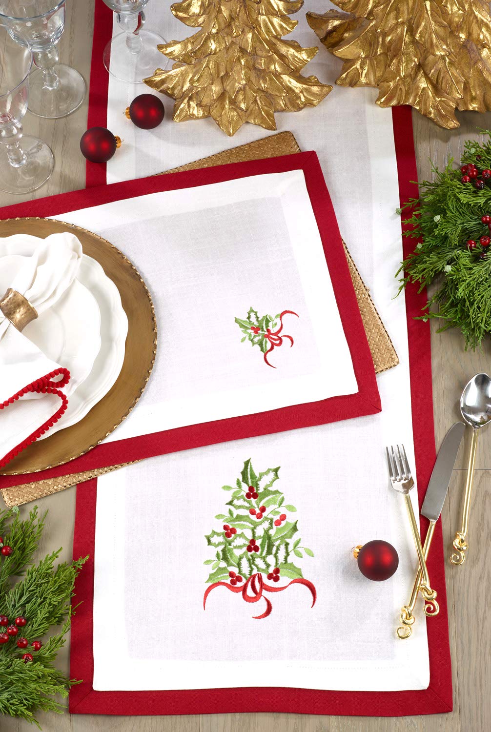 Feuille de Houx Collection Country Double Layer Embroidered Holly 16 x 72 Inch Table Runner — decorative tabletop piece for home entertaining home and holiday accent