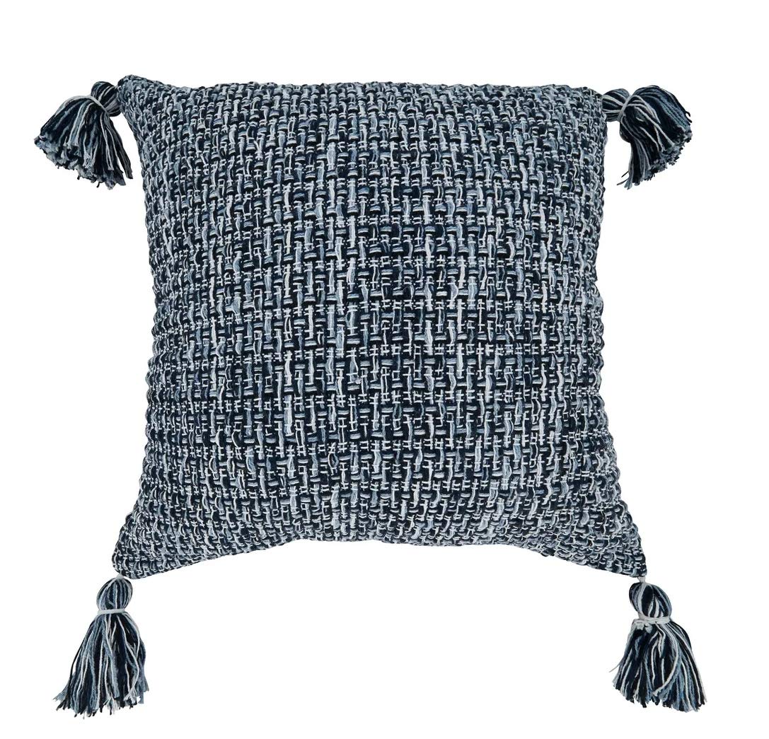 Fennco Styles Woven Textured Tassel Cotton Decorative Throw Pillow Cover 22" W x 22" L - Navy Blue Cushion Case for Home, Couch, Bedroom, Living Room and Office Décor