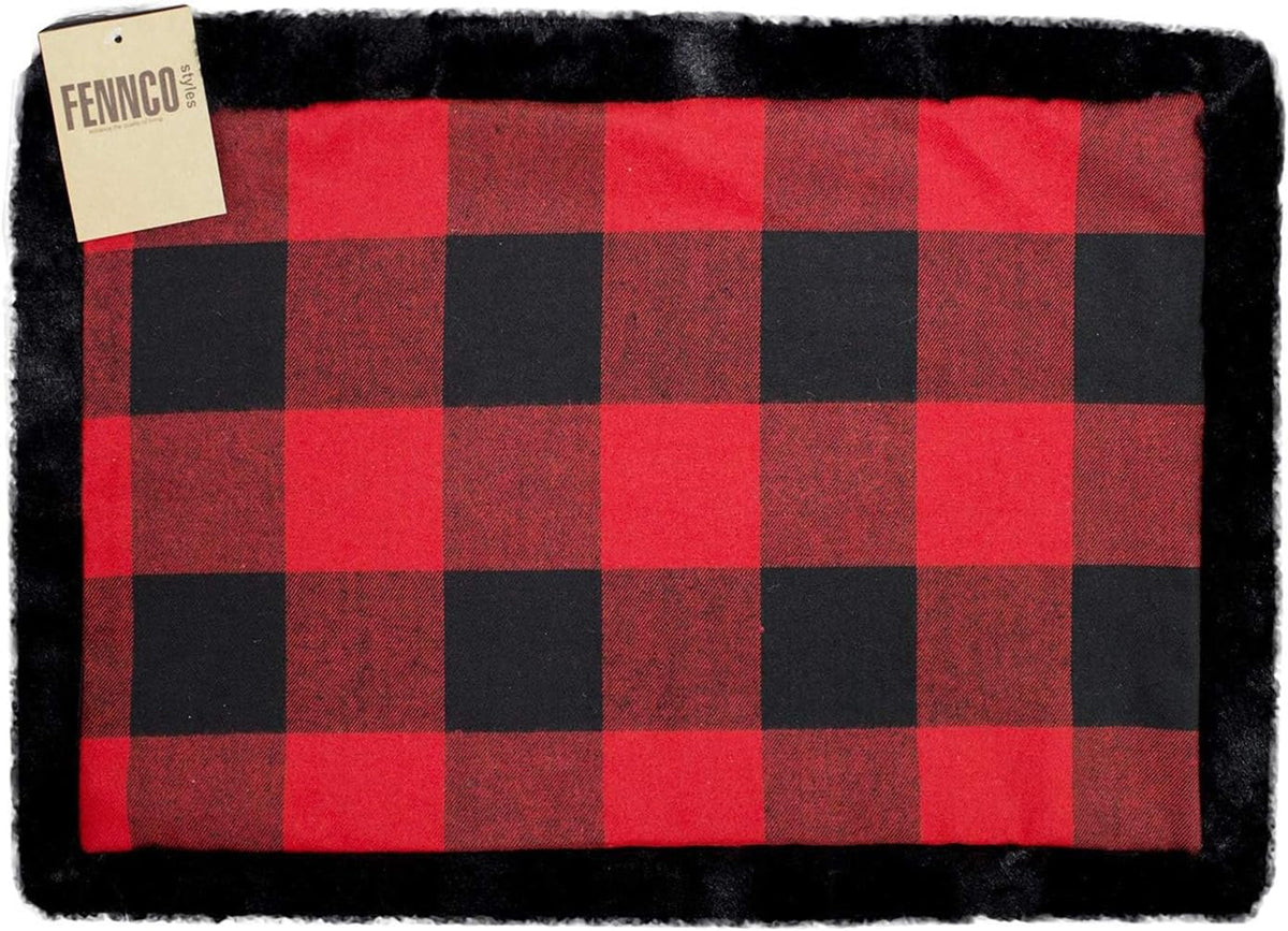 Unique Christmas Buffalo Plaid Red and Black with Faux Fur Border Design Placemat (Black Fur Placemat 13"x19" Set of 4) — decorative table accent for dining room styling online gift shop find