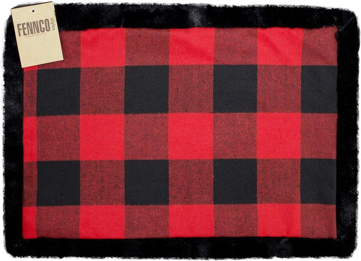 Fennco Styles Unique Christmas Buffalo Plaid Red and Black with Faux Fur Border Design Placemat (Black Fur Placemat 13"x19" Set of 4)