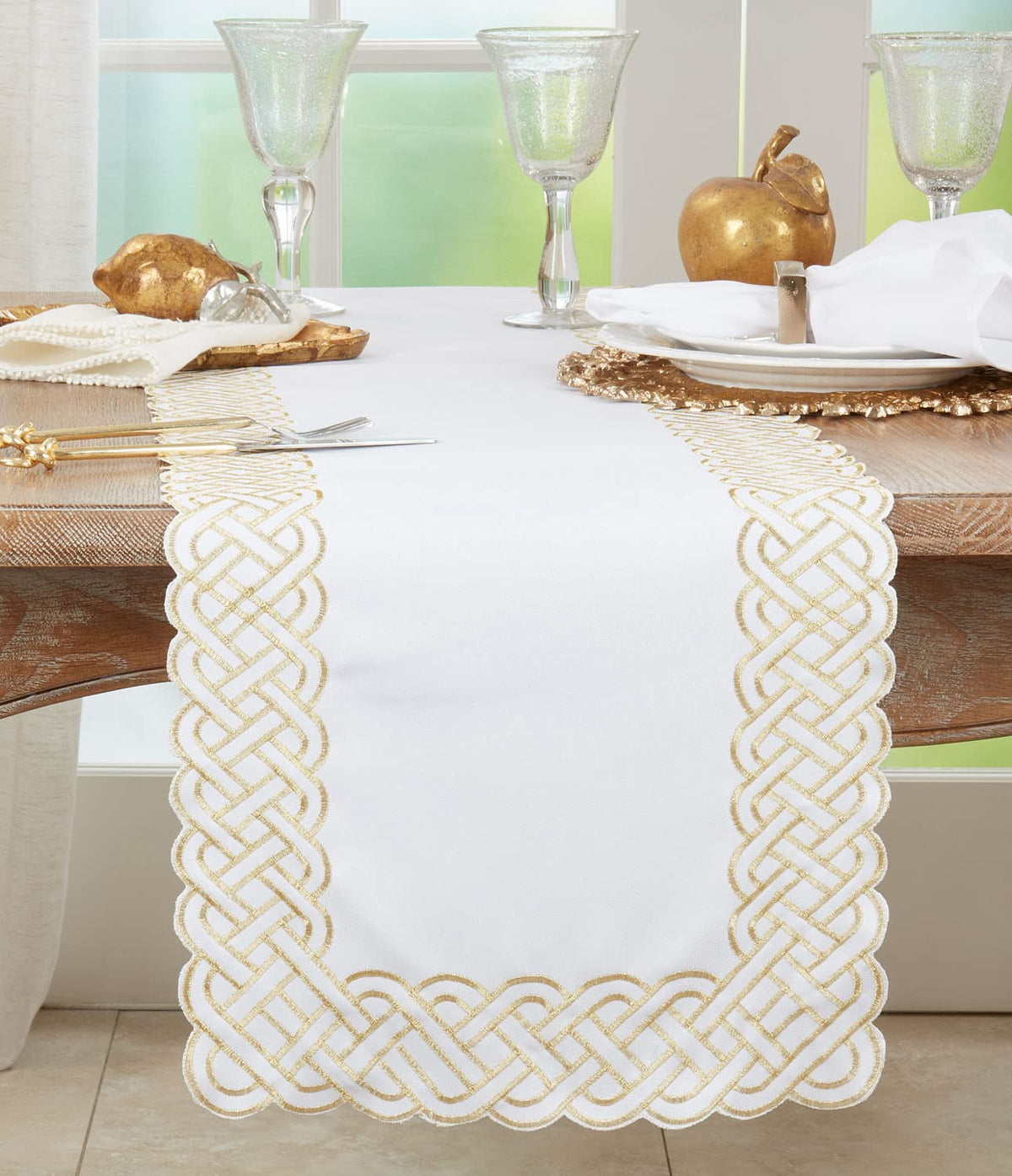 Fennco Styles Braid Emroidered Metallic Border Table Runner 16" W x 54" L - Silver Table Cover for Home Décor, Everyday Use, Christmas, Banquets and Special Events